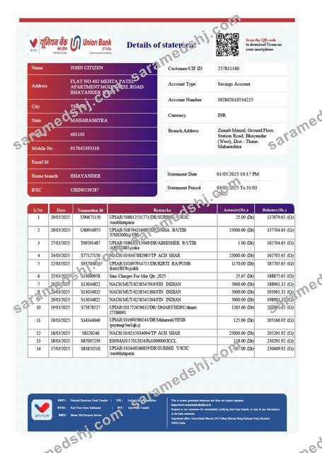 India Union Bank of India account statement Word and PDF template, version 3
